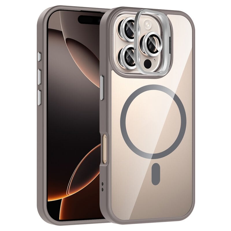 Apple iPhone 16 Pro Kılıf Standlı ve Kamera Lens Hediyeli M-Safe Şarj Özellikli Zore Etro Kapak Gri