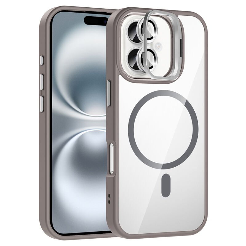 Apple iPhone 16 Plus Kılıf Standlı ve Kamera Lens Hediyeli M-Safe Şarj Özellikli Zore Etro Kapak Gri