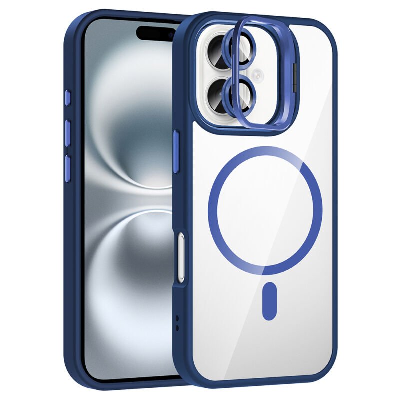 Apple iPhone 16 Kılıf Standlı ve Kamera Lens Hediyeli M-Safe Şarj Özellikli Zore Etro Kapak Lacivert