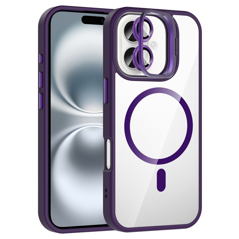 Apple iPhone 16 Kılıf Standlı ve Kamera Lens Hediyeli M-Safe Şarj Özellikli Zore Etro Kapak Derin Mor