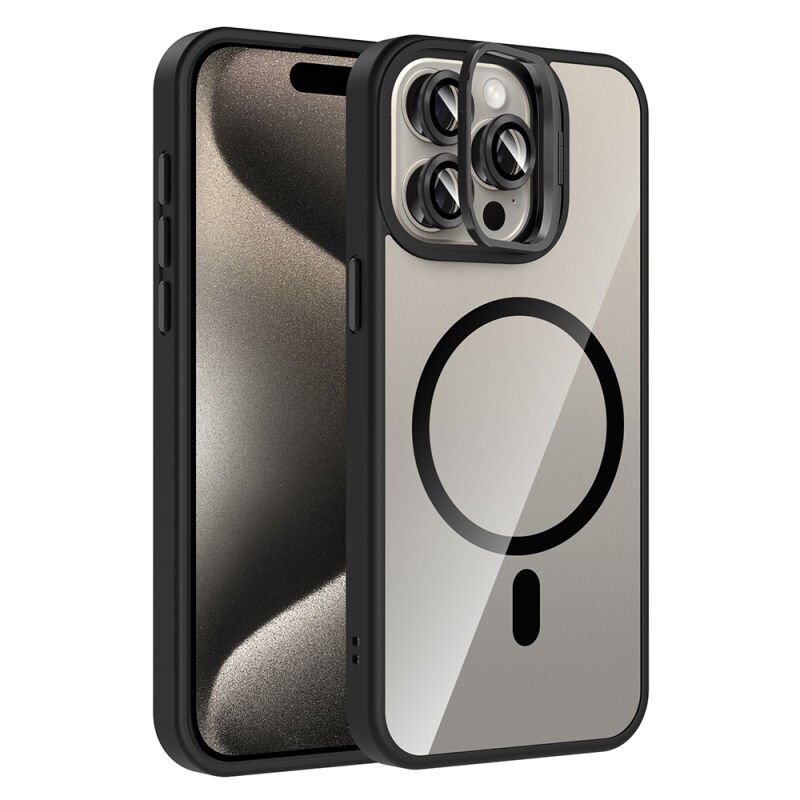 Apple iPhone 15 Pro Kılıf Standlı ve Kamera Lens Hediyeli M-Safe Şarj Özellikli Zore Etro Kapak Siyah