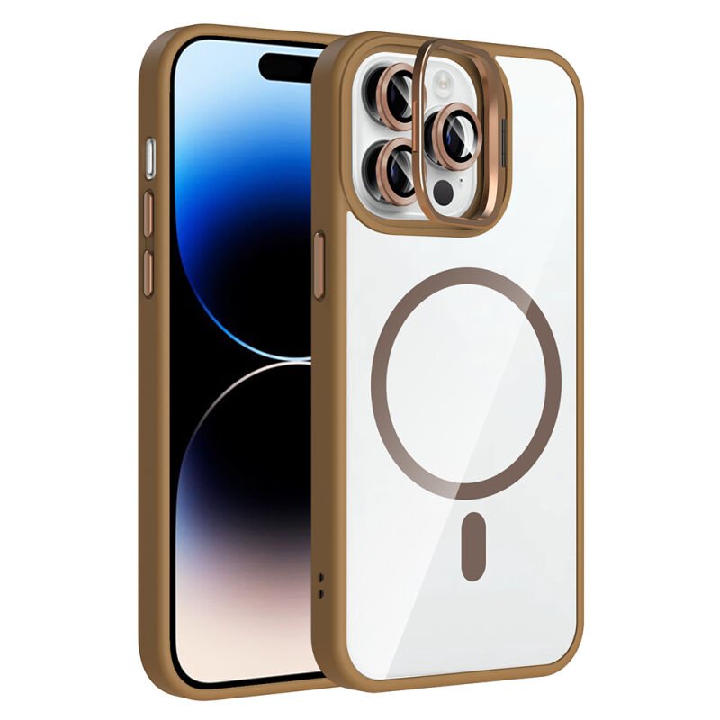 Apple iPhone 14 Pro Max Kılıf Standlı ve Kamera Lens Hediyeli M-Safe Şarj Özellikli Zore Etro Kapak