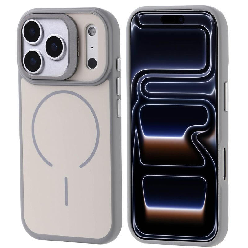 Apple iPhone 17 Pro Kılıf M-safe Şarj Özellikli Kamera Standlı Zore Notron Kapak Gri